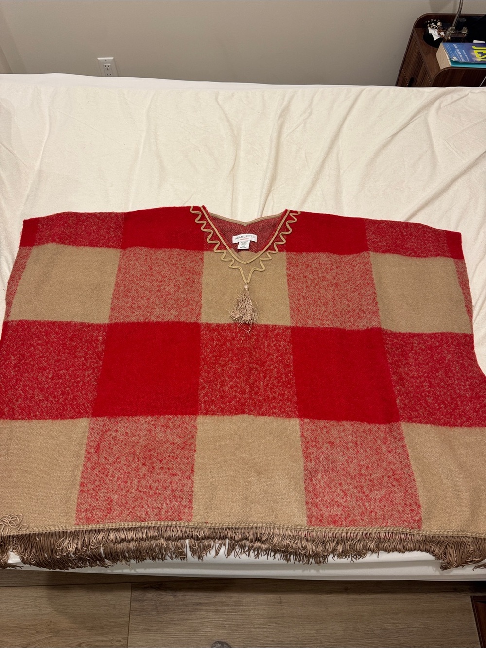 Adam Lippes Red and Tan Check V-Neck Poncho Sweater with Tassel